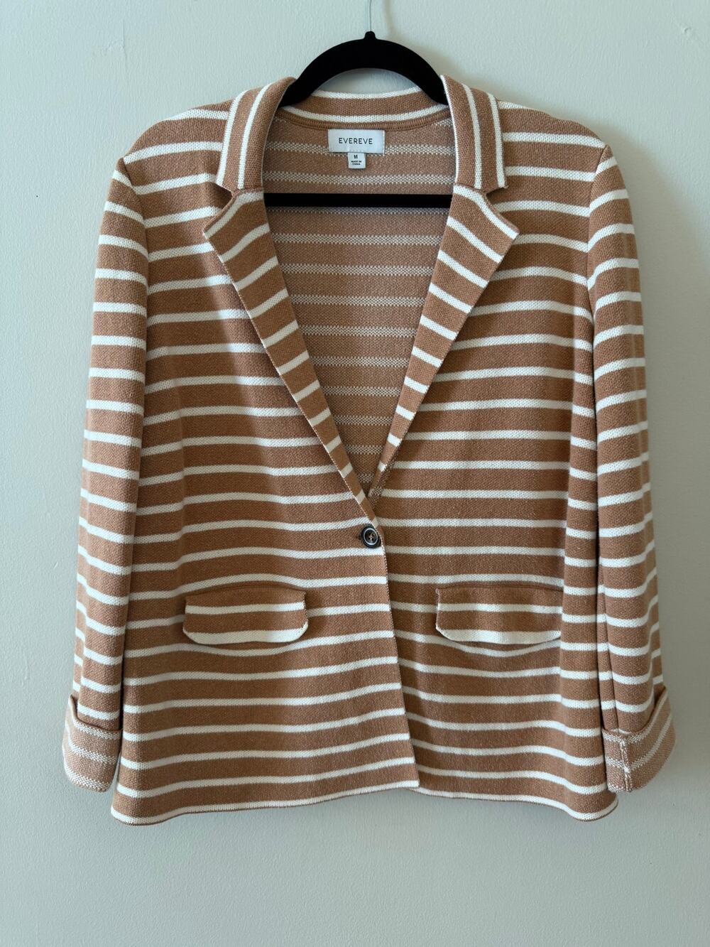 Evereve Knit Sweater Blazer Tan White Striped Cotton Blend Jacket Size M - Picture 1 of 7